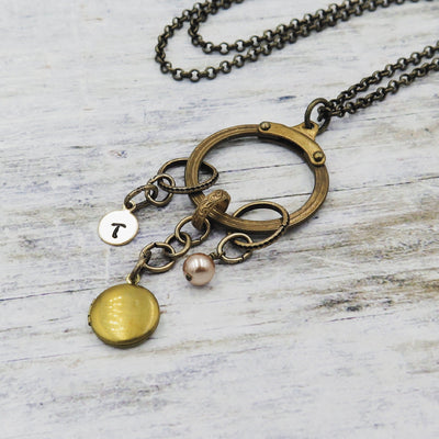 Vintage Industrial Locket and Pearl Necklace with Initial