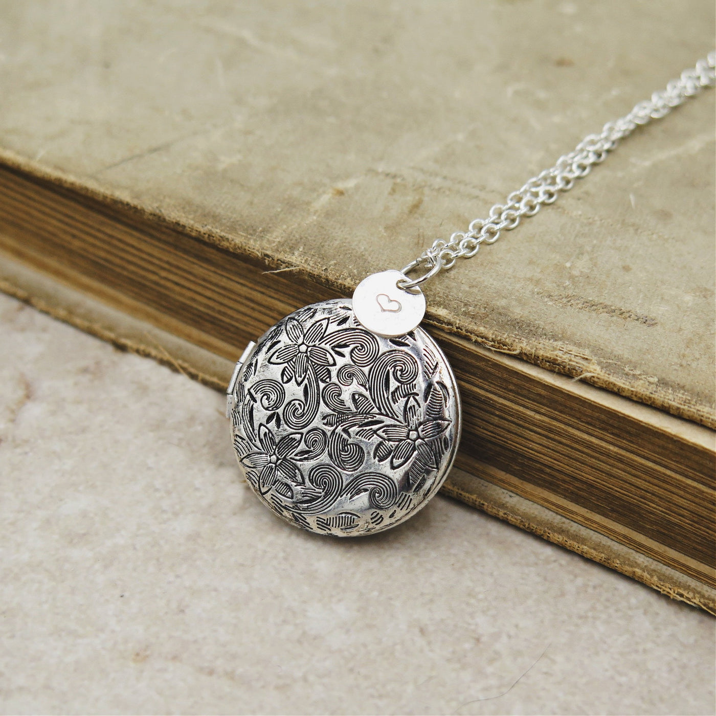 Antiqued Silver Floral Locket with Personalized Charm and Photos