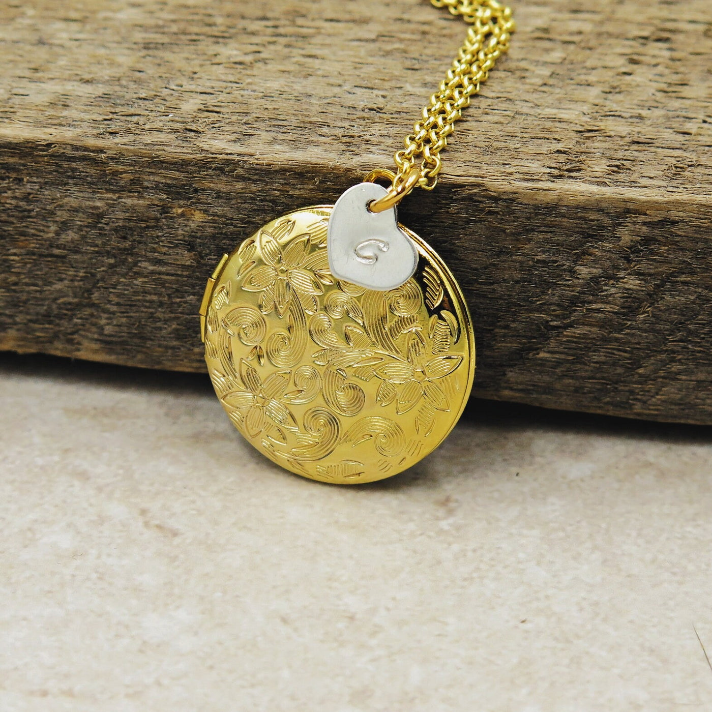 Gold Floral Locket with Personalized Charm and Photos