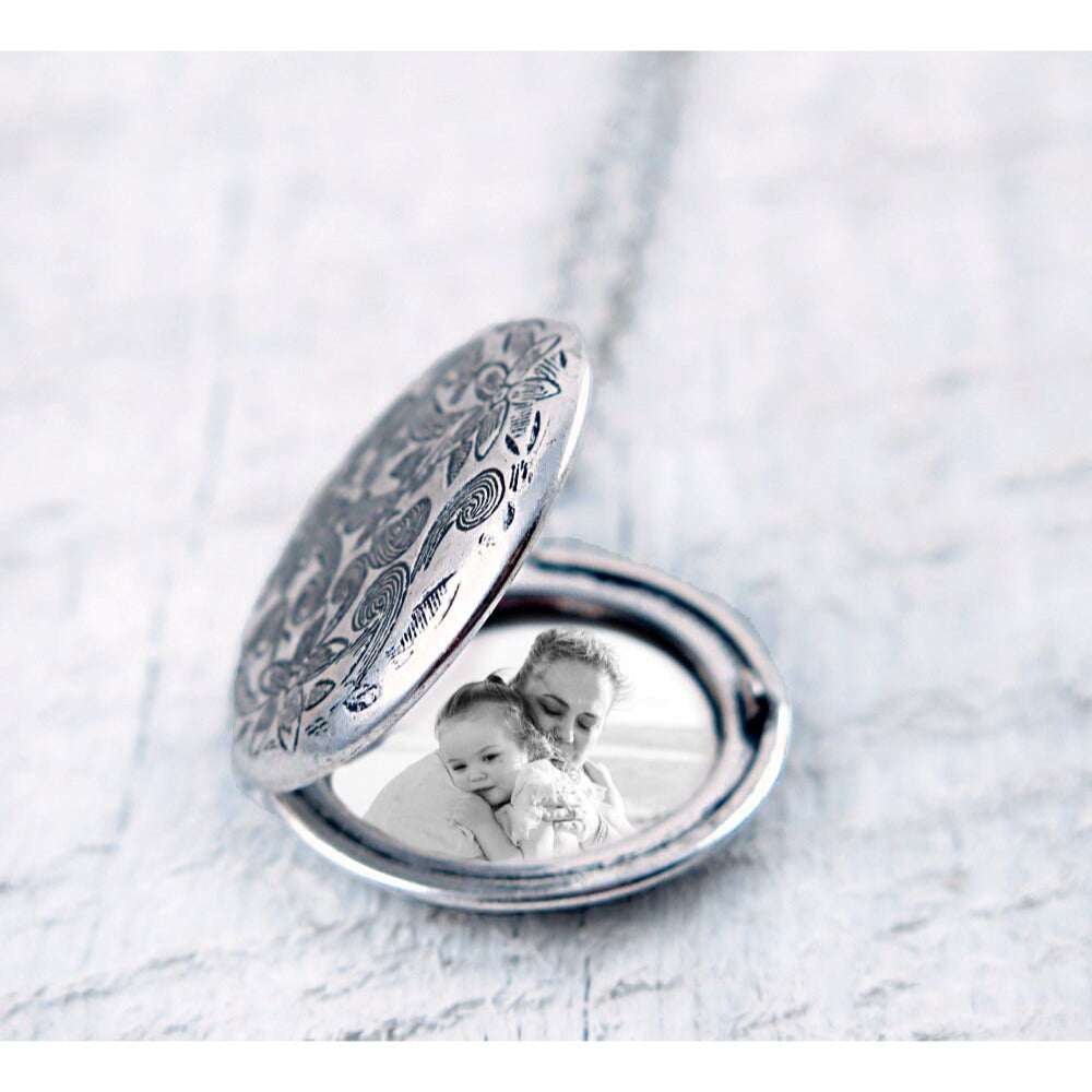 Antiqued Silver Floral Locket with Personalized Charm and Photos