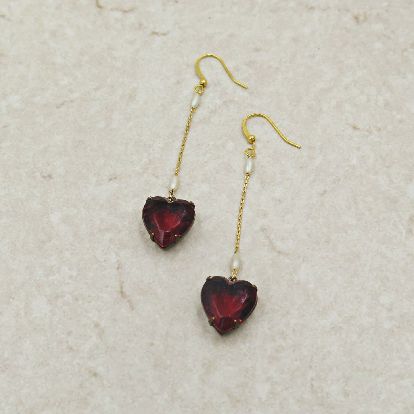 Pink Heart Earrings with Vintage Pearl Chain