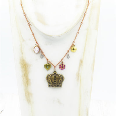 Colorful Vintage Charm Necklace with Crown