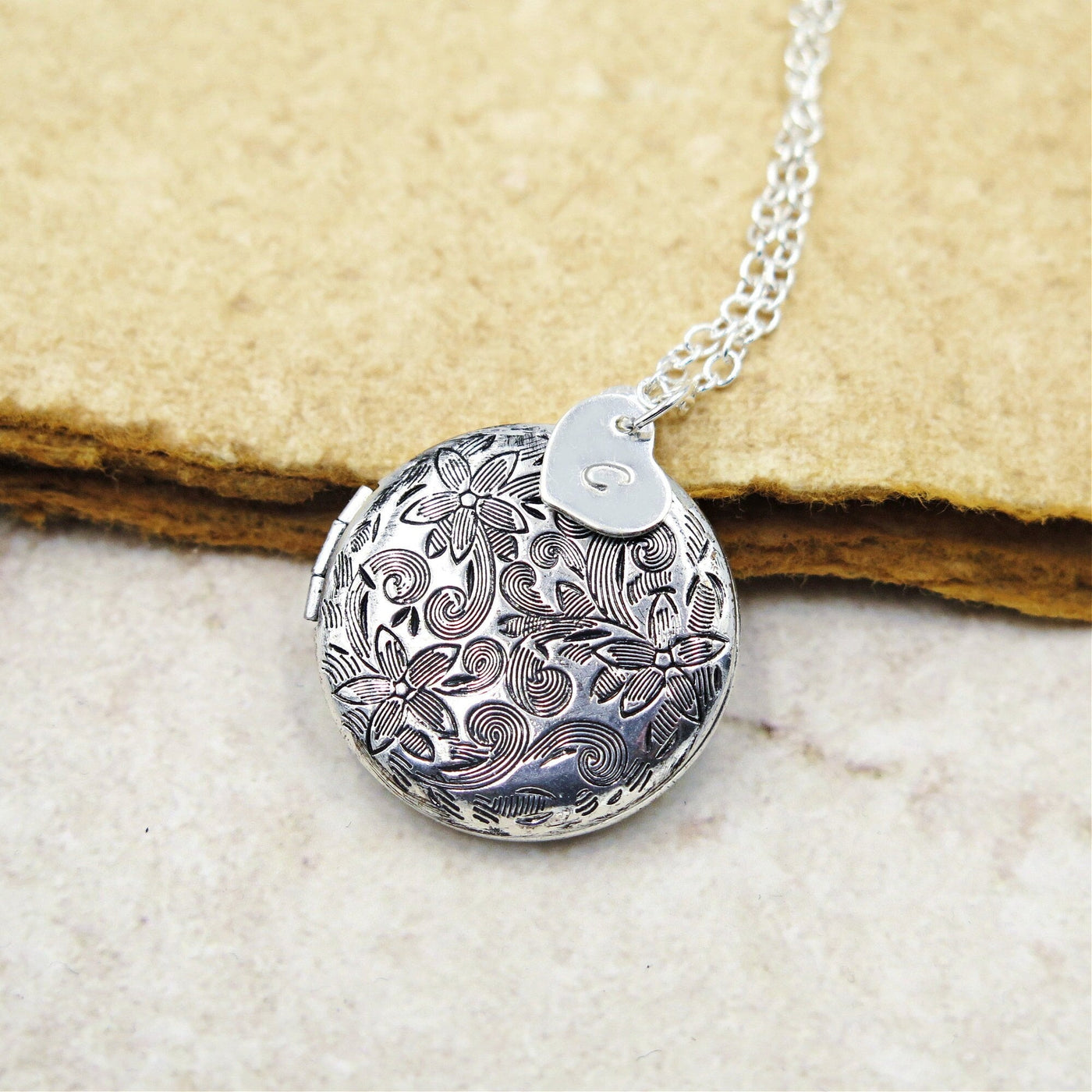 Antiqued Silver Floral Locket with Personalized Charm and Photos