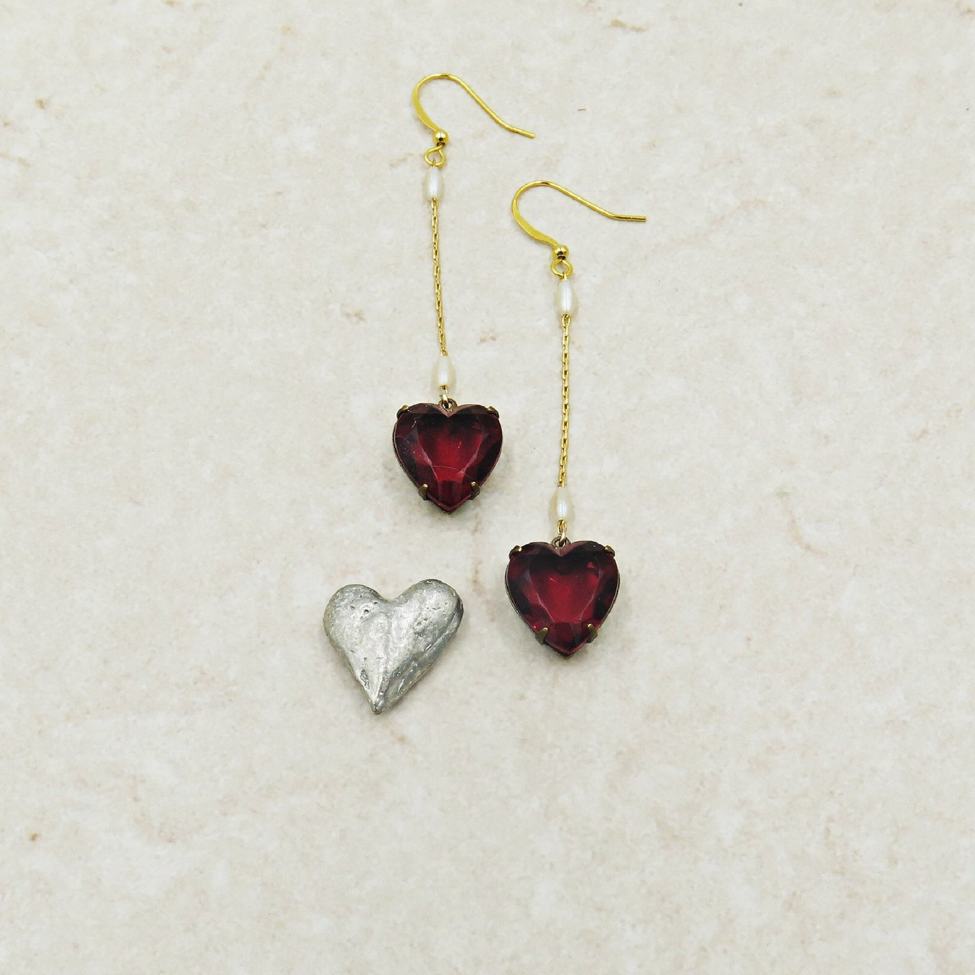 Pink Heart Earrings with Vintage Pearl Chain