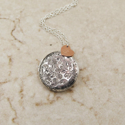 Antiqued Silver Floral Locket with Personalized Charm and Photos