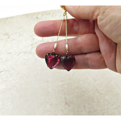 Pink Heart Earrings with Vintage Pearl Chain