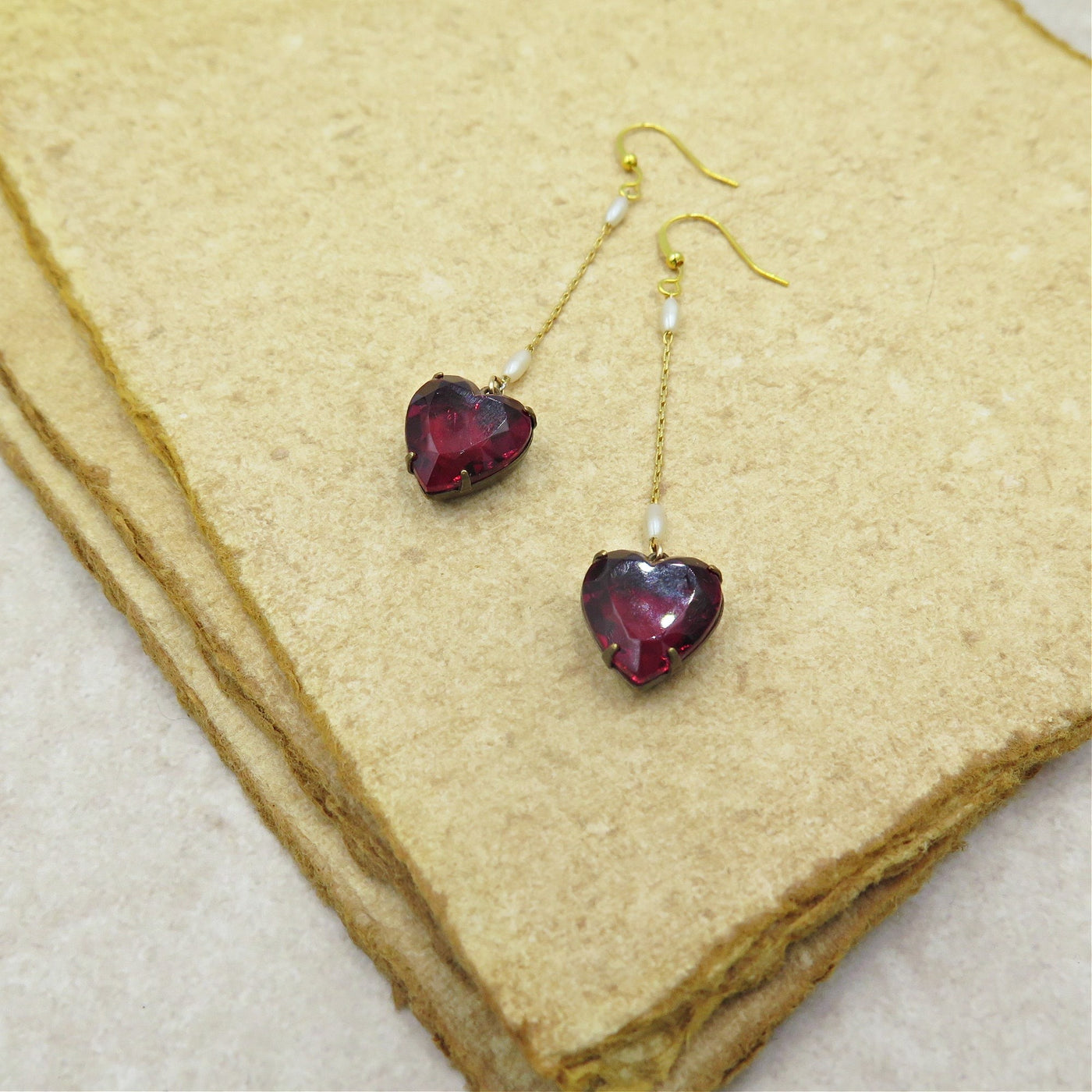 Pink Heart Earrings with Vintage Pearl Chain