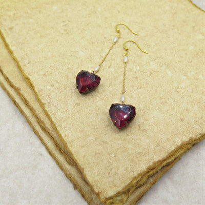 Pink Heart Earrings with Vintage Pearl Chain