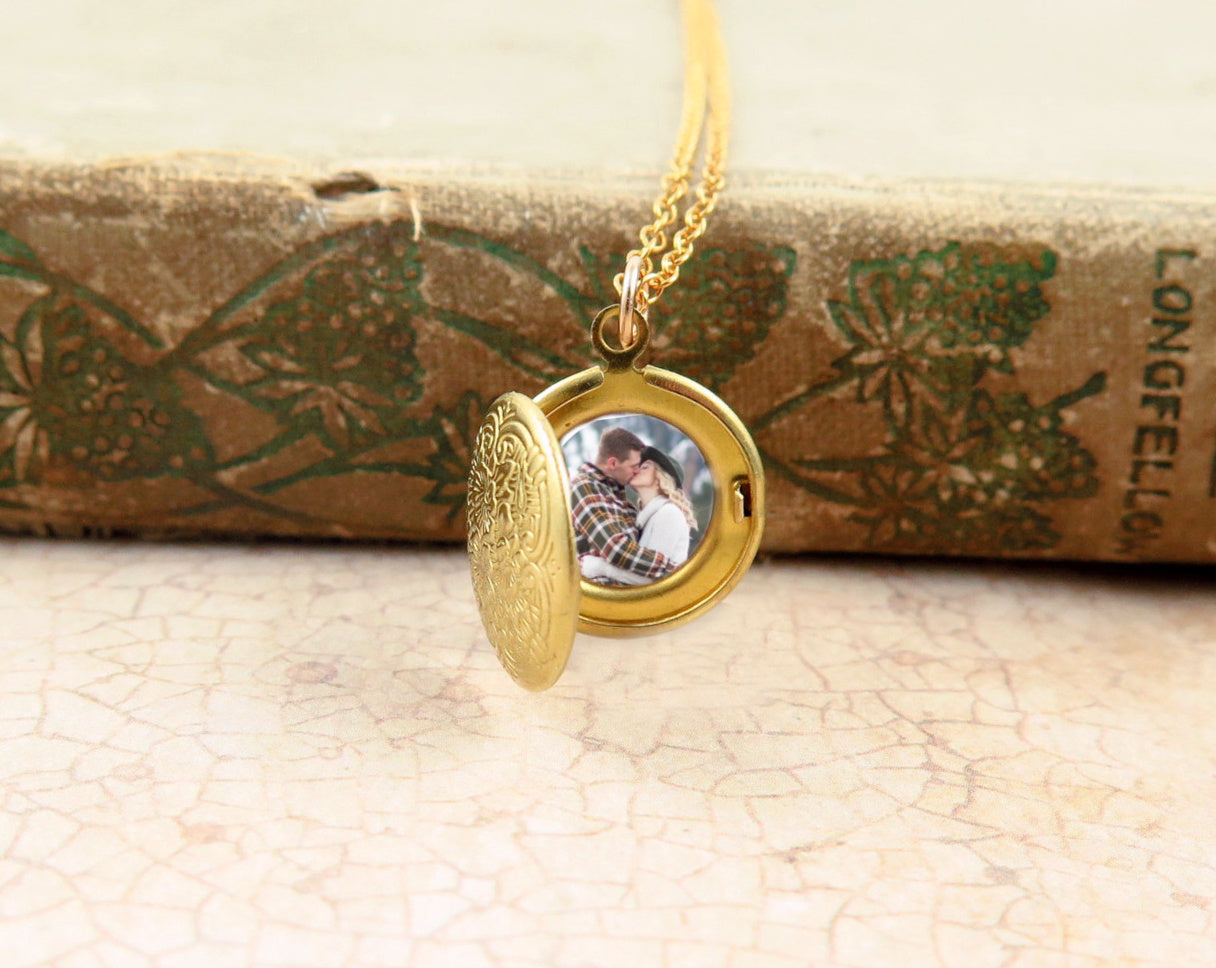 floral gold brass locket necklace