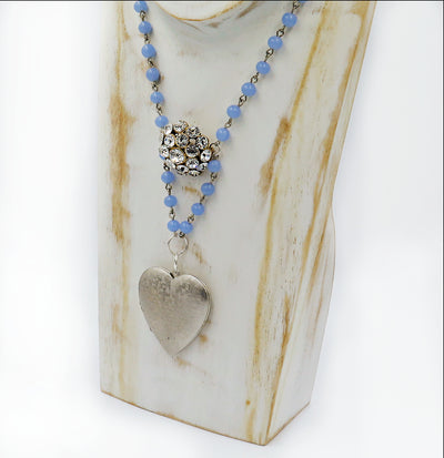 Patterned Silver Heart Locket with Vintage Rhinestone and Blue Beaded Chain