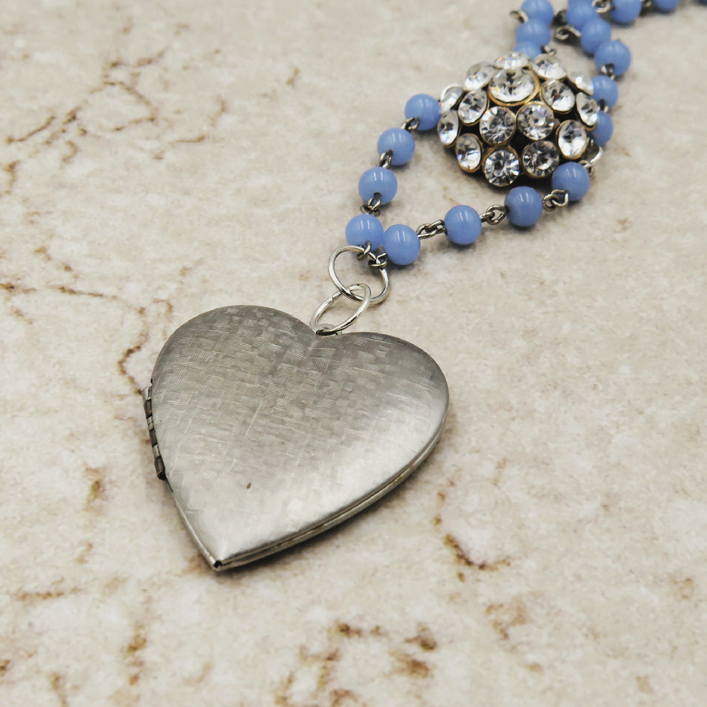 Patterned Silver Heart Locket with Vintage Rhinestone and Blue Beaded Chain