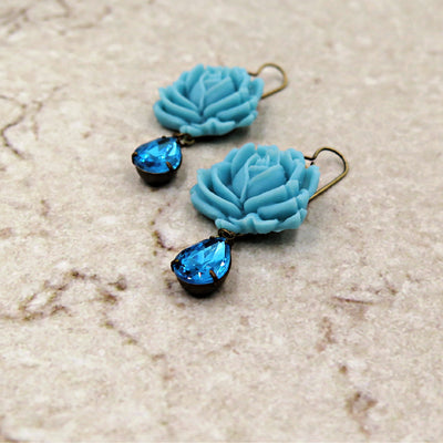 Turquoise Rose Earrings with Crystal Teardrops