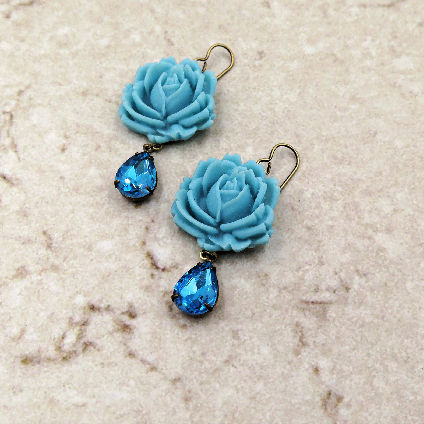 Turquoise Rose Earrings with Crystal Teardrops