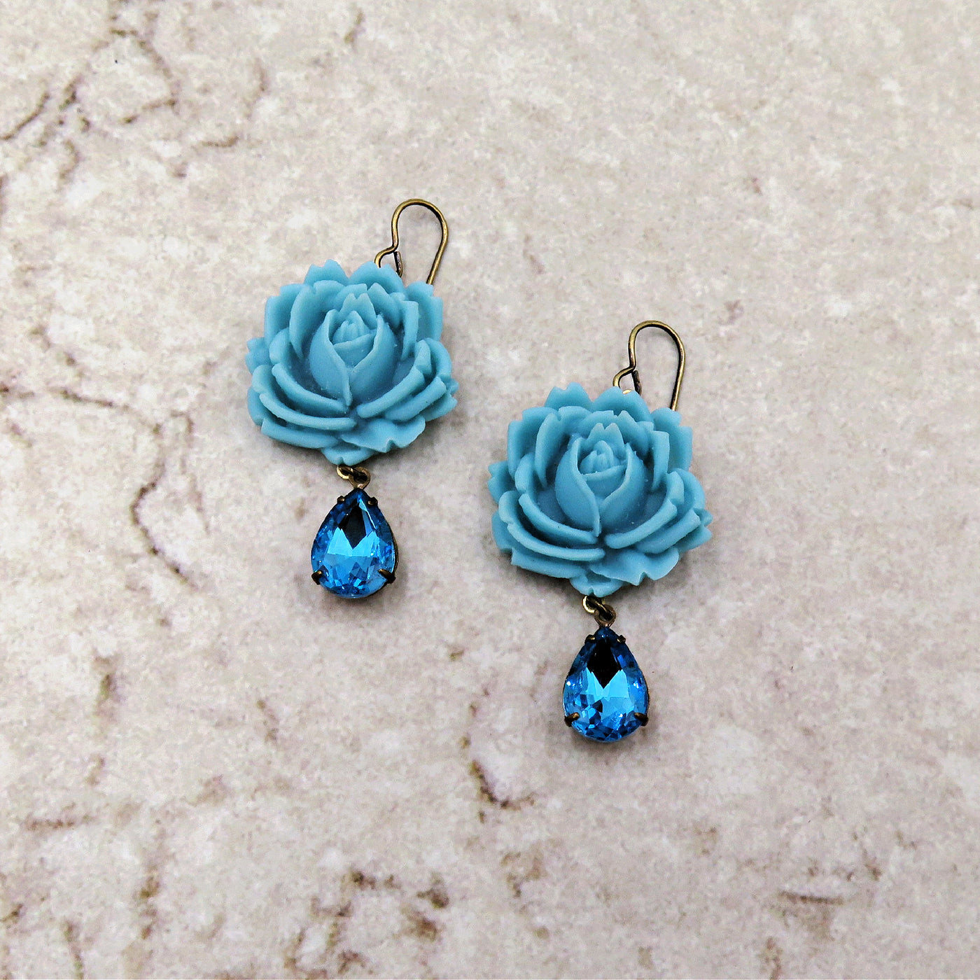 Turquoise Rose Earrings with Crystal Teardrops