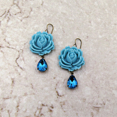 Turquoise Rose Earrings with Crystal Teardrops