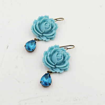 Turquoise Rose Earrings with Crystal Teardrops