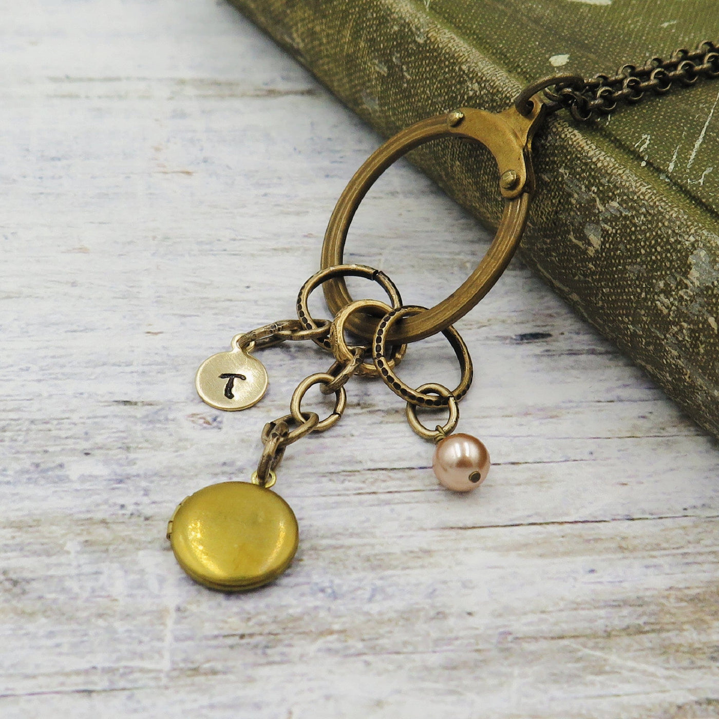 Vintage Industrial Locket and Pearl Necklace with Initial