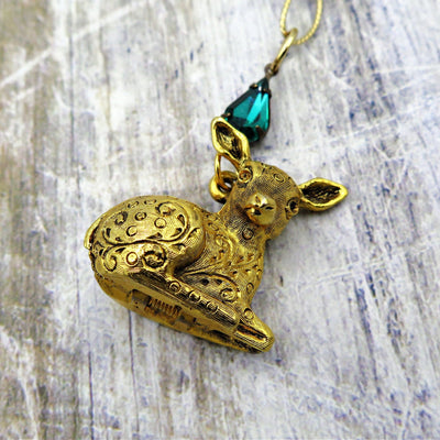 Vintage Deer Locket with Emerald Green Accent
