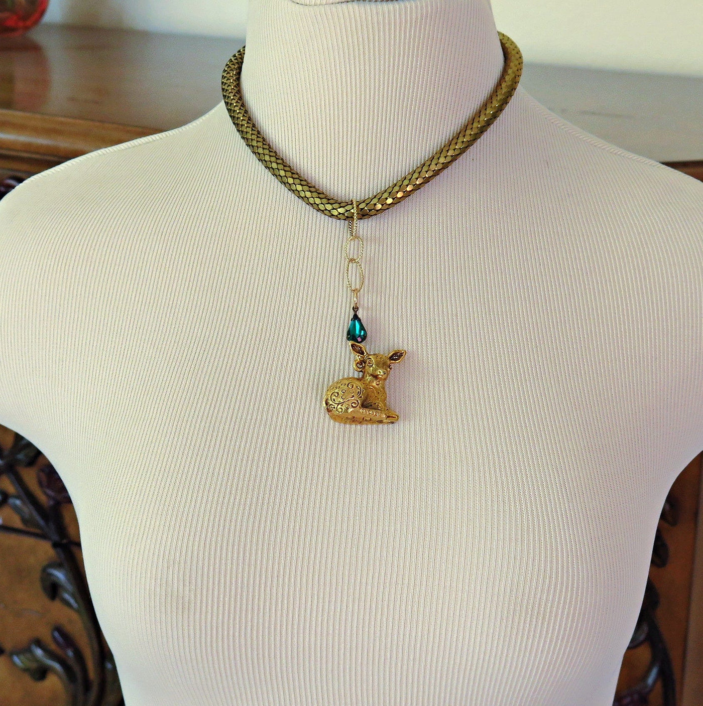 Vintage Deer Locket with Emerald Green Accent