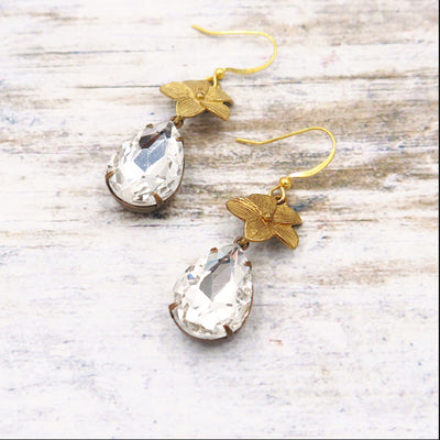 Rhinestone and Gold Flower Earrings