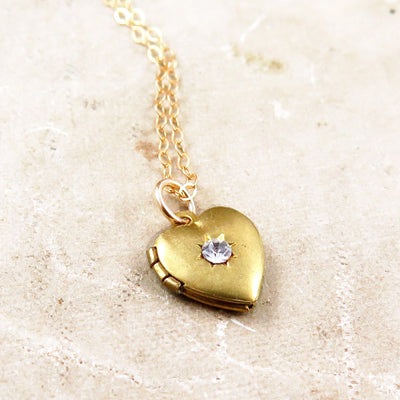 Vintage Gold Heart Locket with Crystal Starburst - Lauren Blythe Designs