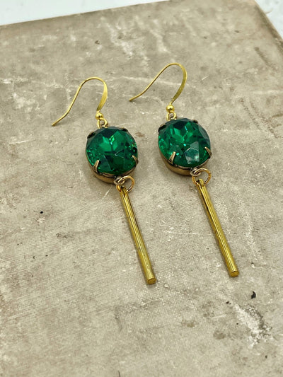 Emerald Green and Gold Bar Earrings