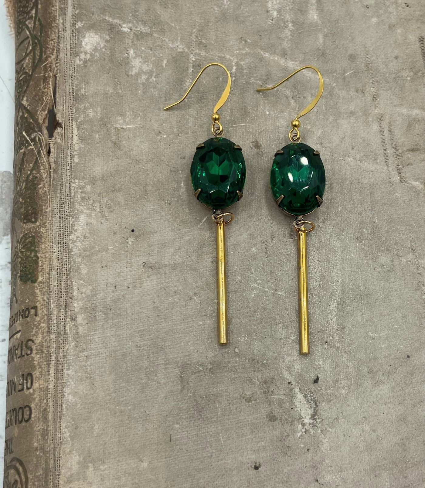 Emerald Green and Gold Bar Earrings