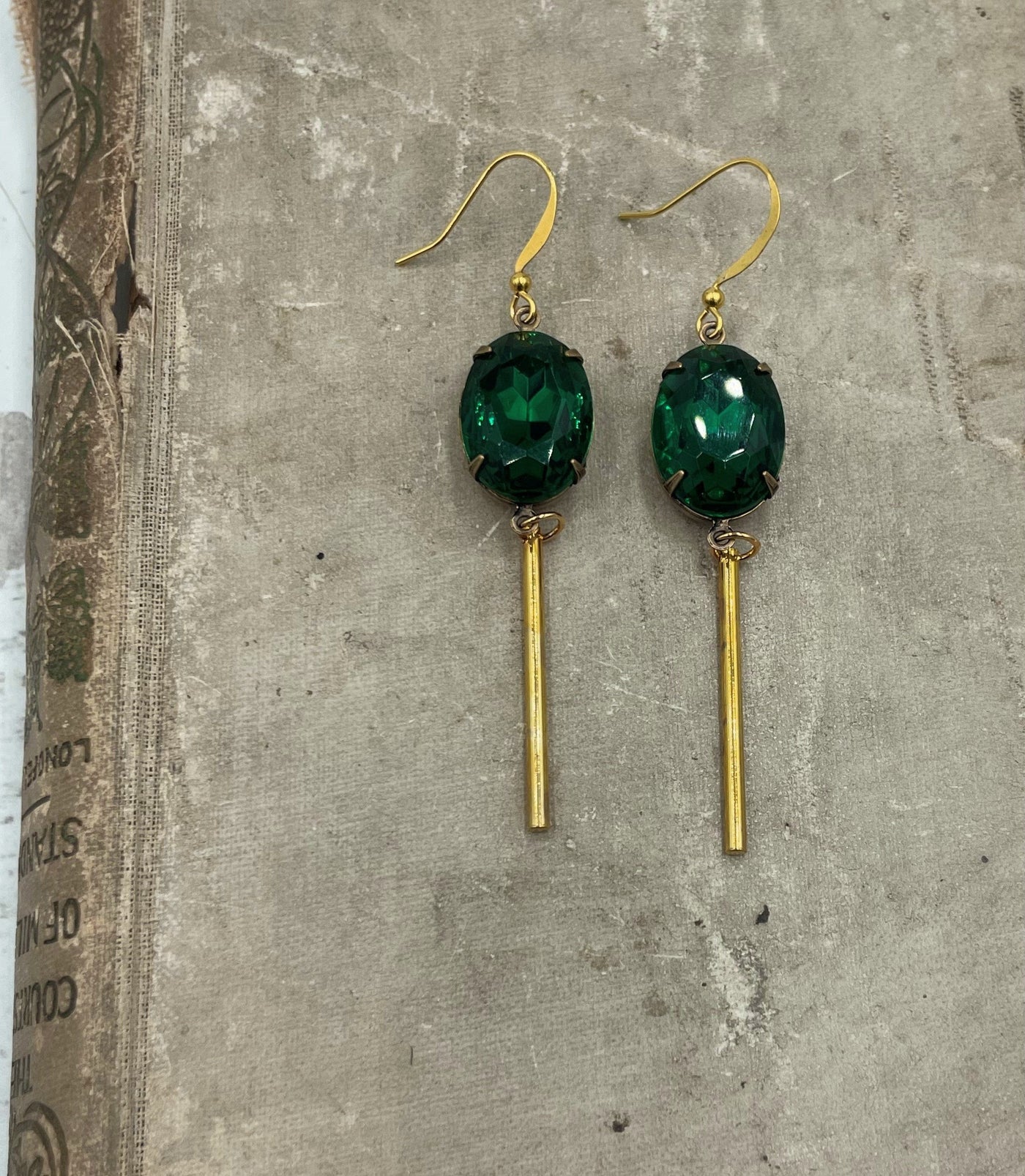 Emerald Green and Gold Bar Earrings