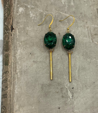 Emerald Green and Gold Bar Earrings