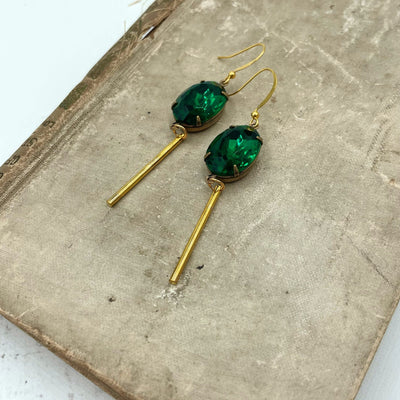 Emerald Green and Gold Bar Earrings