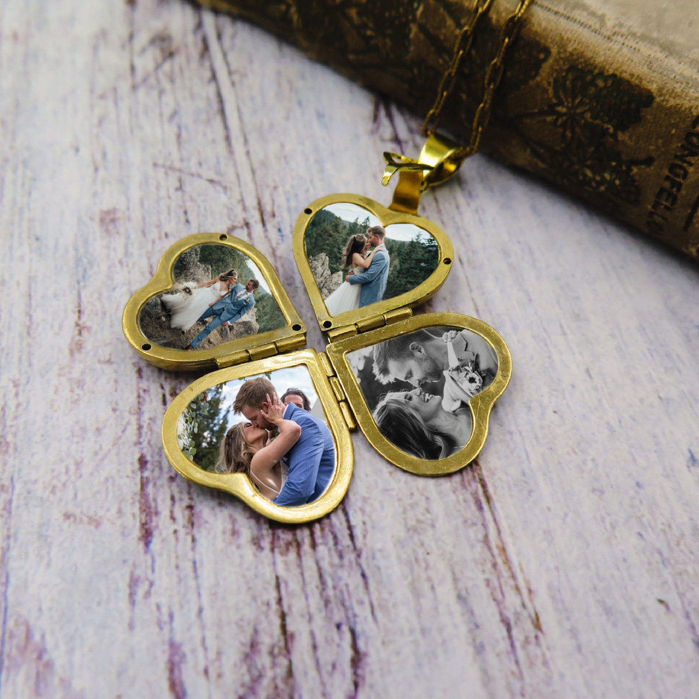 Four Photo Heart Locket Four Leaf Clover