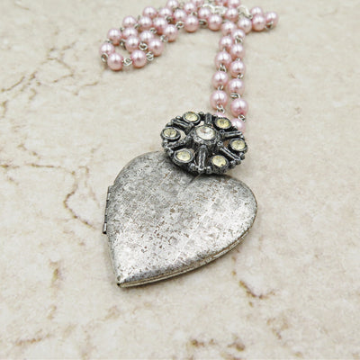 Large Silver Heart Locket with Vintage Rhinestone and Pink Pearl Chain