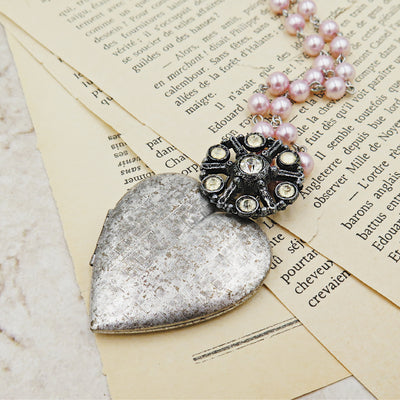 Large Silver Heart Locket with Vintage Rhinestone and Pink Pearl Chain