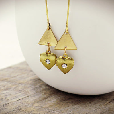 Mid Century Modern Heart Locket and Triangle Earrings