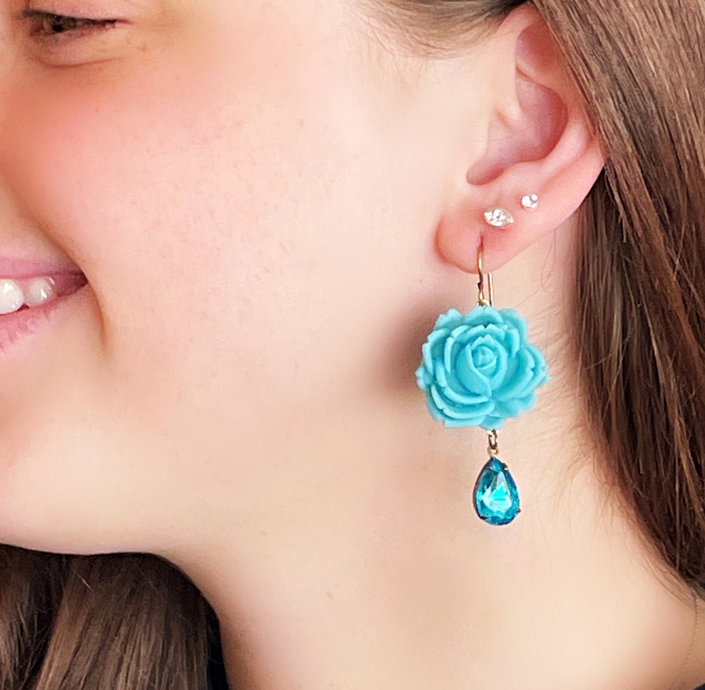 Turquoise Rose Earrings with Crystal Teardrops