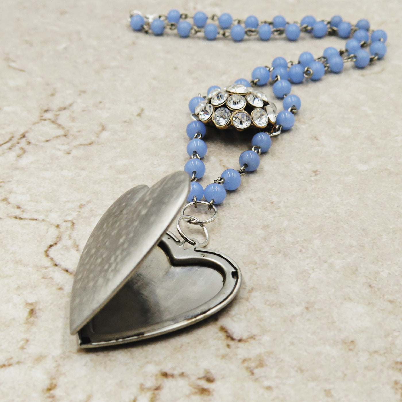 Patterned Silver Heart Locket with Vintage Rhinestone and Blue Beaded Chain