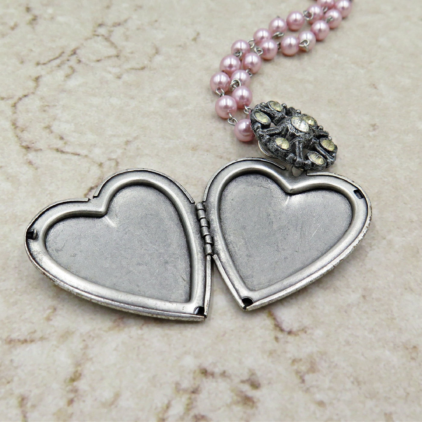 Large Silver Heart Locket with Vintage Rhinestone and Pink Pearl Chain