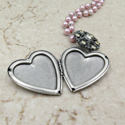 Large Silver Heart Locket with Vintage Rhinestone and Pink Pearl Chain