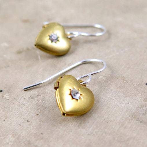 Vintage Gold Heart Locket Earrings with Crystal Starburst