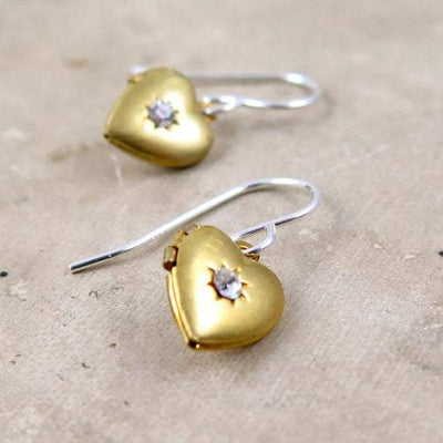 Vintage Gold Heart Locket Earrings with Crystal Starburst