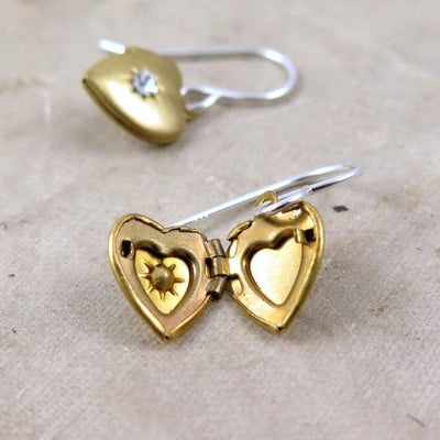 Vintage Gold Heart Locket Earrings with Crystal Starburst - Lauren Blythe Designs