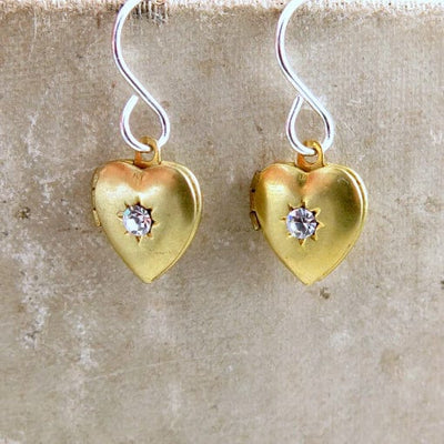 Vintage Gold Heart Locket Earrings with Crystal Starburst - Lauren Blythe Designs
